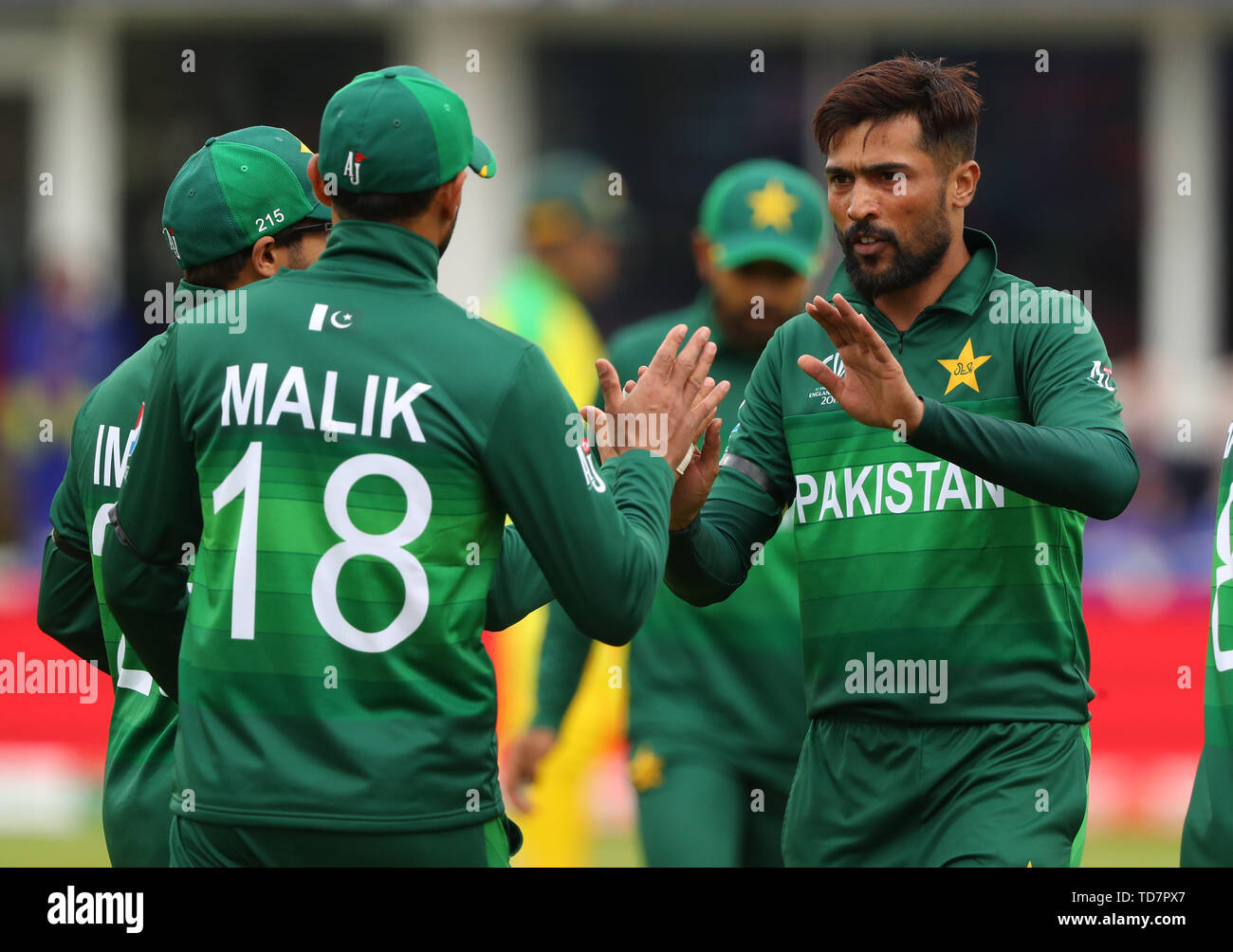 Taunton, UK. 12th June, 2019. Mohammad Amir of Pakistan celebrates taking the wicket of Shaun Marsh during the Australia v Pakistan, ICC Cricket World Cup match