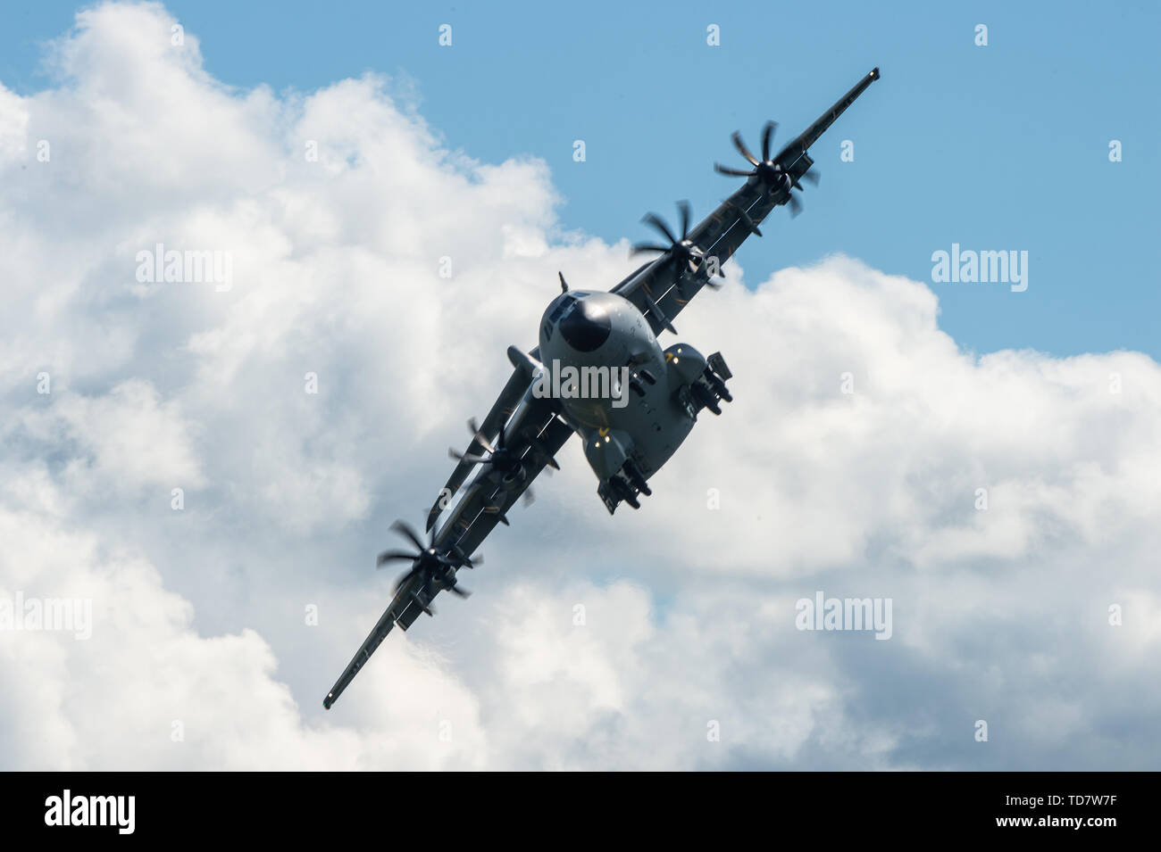 13 June 2019, Lower Saxony, Faßberg: An Airbus A400M Atlas flies on 'Spotter Day' over the air base Faßberg. Photo: Christophe Gateau/dpa Stock Photo