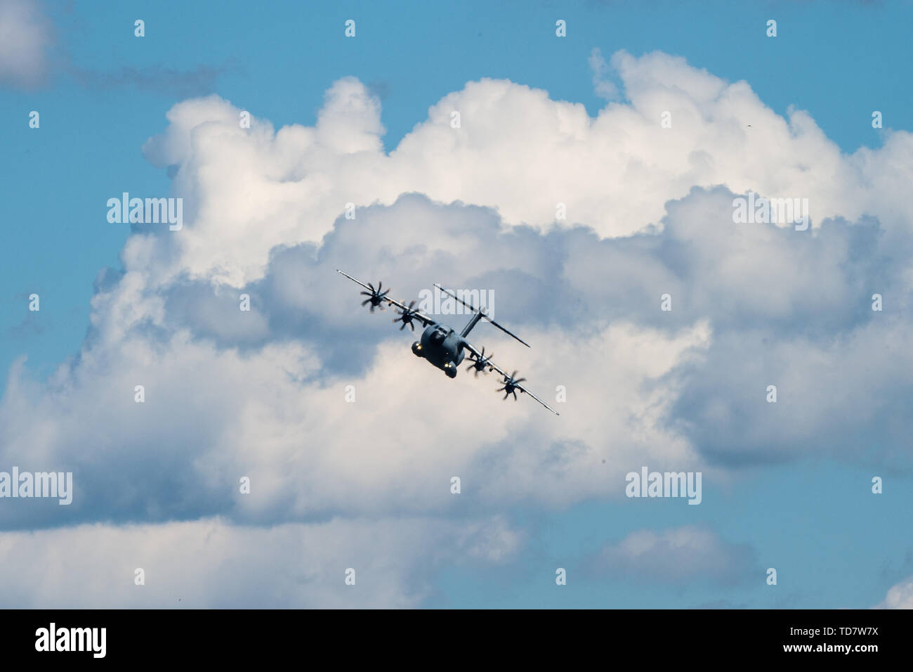 13 June 2019, Lower Saxony, Faßberg: An Airbus A400M Atlas flies on 'Spotter Day' over the air base Faßberg. Photo: Christophe Gateau/dpa Stock Photo