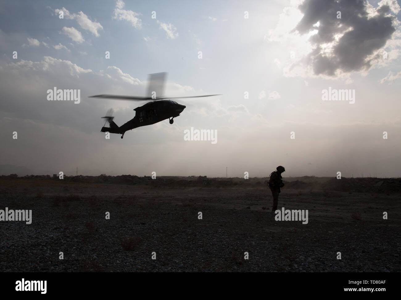Bagram, Afghanistan. 14th Oct, 2018. A Medevac Blackhawk UH-60 during a training mission.FOB(forward operating base) Dahlke is a new austere US Army base, as of Spring 2018, in Afghanistan that began with a large presence of soldiers from the 101st Combat Aviation Brigade. Dahlke is strategically located about 60 miles South of Kabul. Every type of air support mission is done from here, from medevac to resupply to combat. Dahlke was built from the ground up over the past year by the soldiers stationed here. It is built on the South end of the now abandoned Shank Base. In 2014 Shank was h Stock Photo