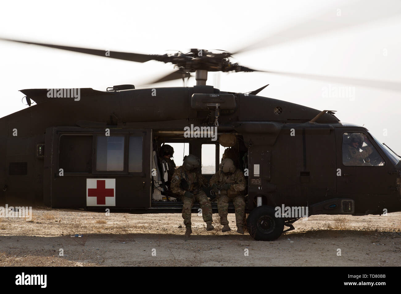 Bagram, Afghanistan. 16th Oct, 2018. A Medevac Blackhawk UH-60 during a mission.FOB(forward operating base) Dahlke is a new austere US Army base, as of Spring 2018, in Afghanistan that began with a large presence of soldiers from the 101st Combat Aviation Brigade. Dahlke is strategically located about 60 miles South of Kabul. Every type of air support mission is done from here, from medevac to resupply to combat. Dahlke was built from the ground up over the past year by the soldiers stationed here. It is built on the South end of the now abandoned Shank Base. In 2014 Shank was handed ove Stock Photo