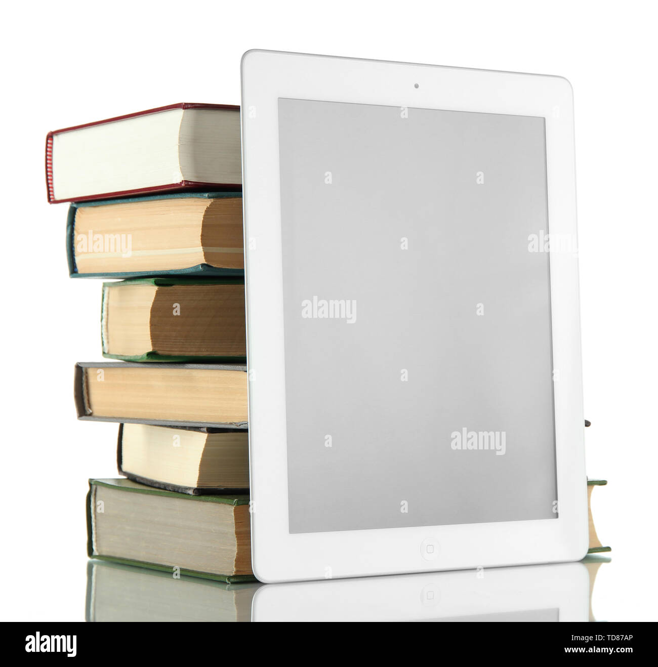 Tablet and books isolated on white Stock Photo