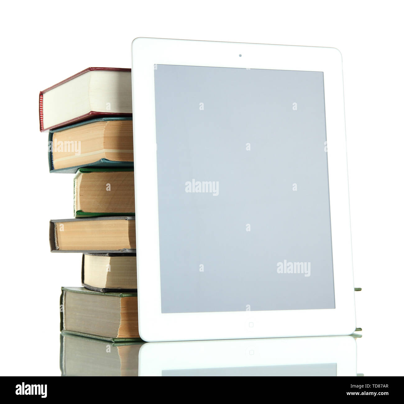 Tablet and books isolated on white Stock Photo