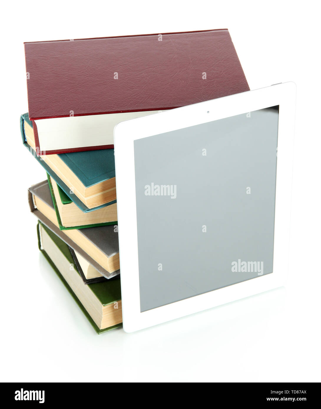 Tablet and books isolated on white Stock Photo