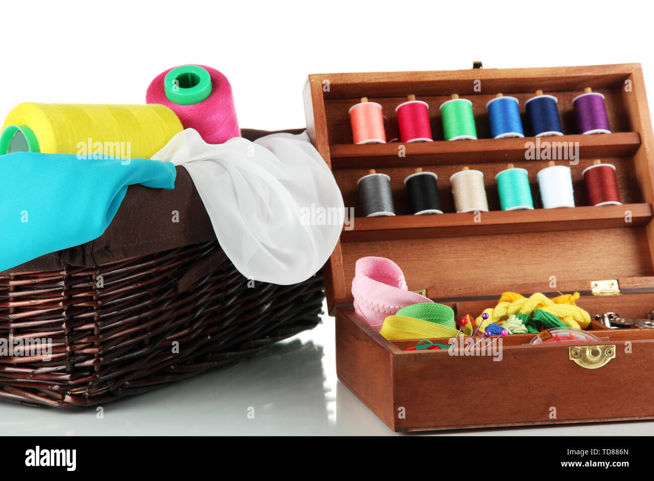 Sewing Accessories In A Basket And Spools Of Threads Next To