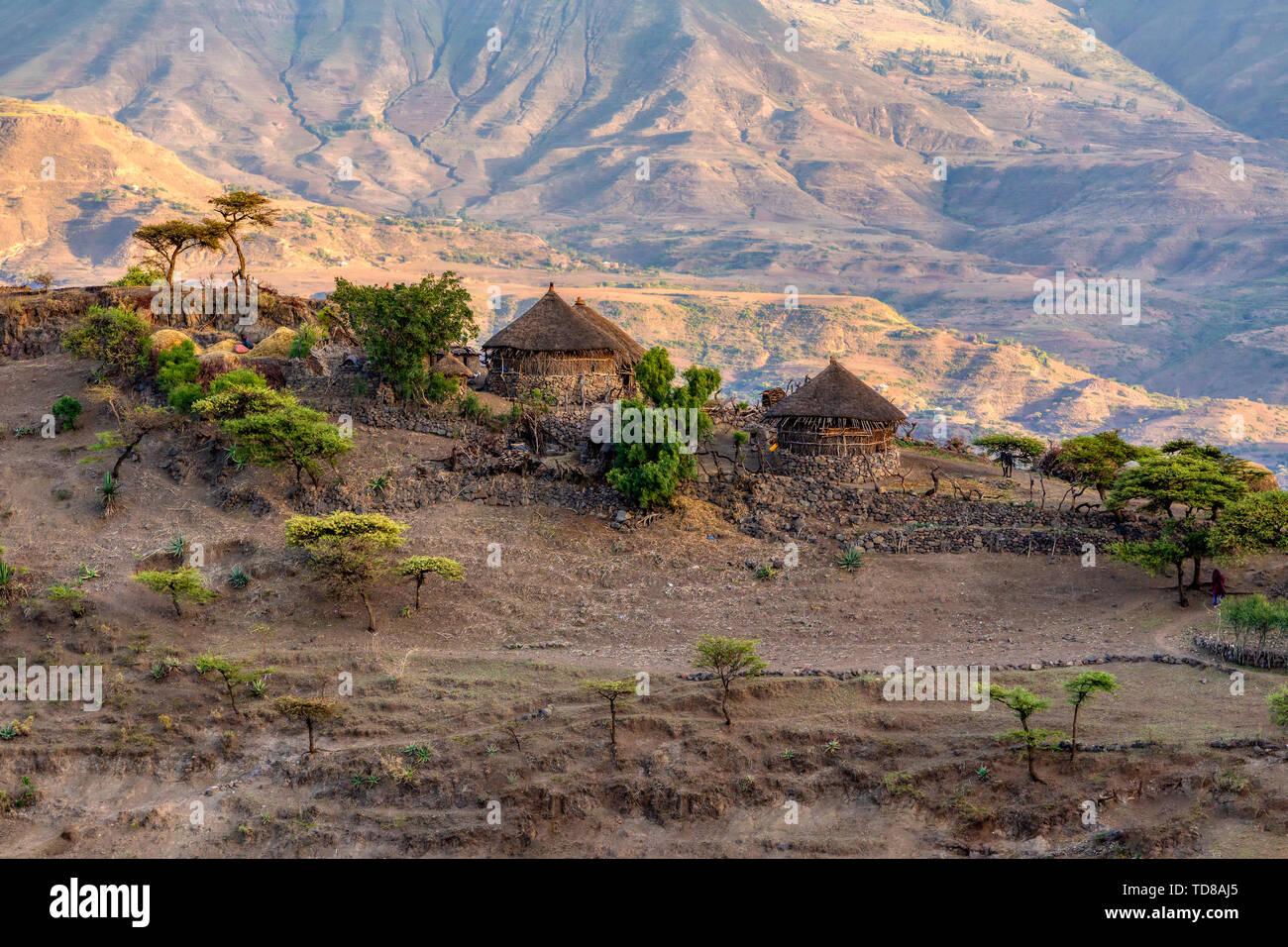 Beautiful mountain landscape with traditional ethiopian houses Amhara region near city Lalibela. Ethiopia, Africa. Stock Photo