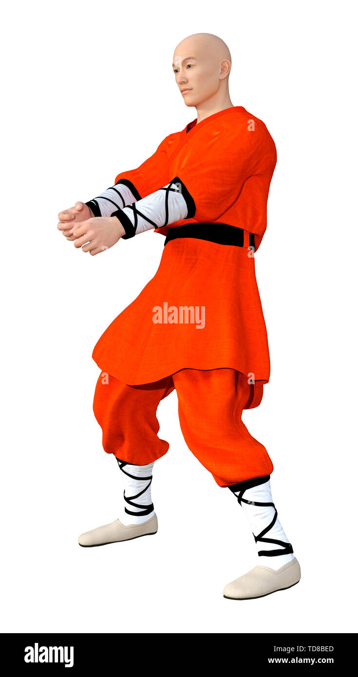 3D rendering of a shaolin monk fighting isolated on white background Stock Photo