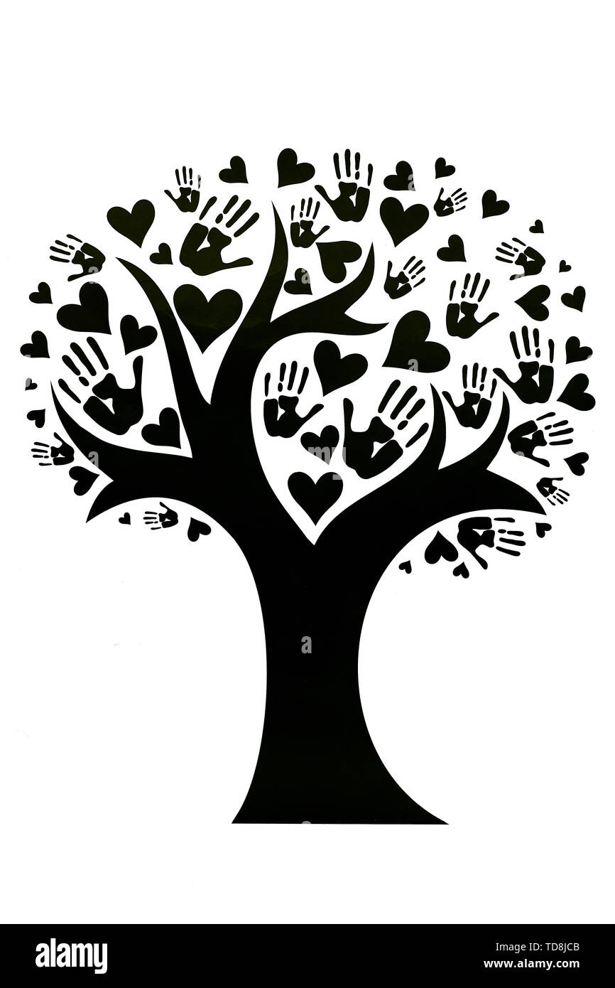 Tree whose leaves are depicted in the form of palms and hearts. The concept of peace, unity, friendship and love. Black and white design with copy spa Stock Photo