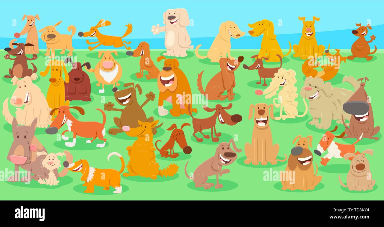 Cartoon Illustration of Happy Dogs and Puppies Pet Animal Characters ...