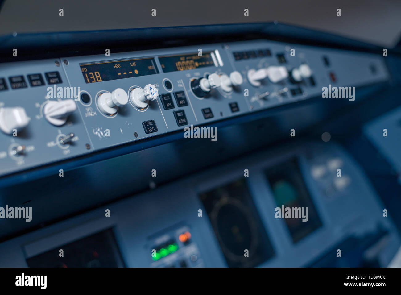 Toggle switches and sensors on the dashboard in the cabin of passenger plane Stock Photo Alamy