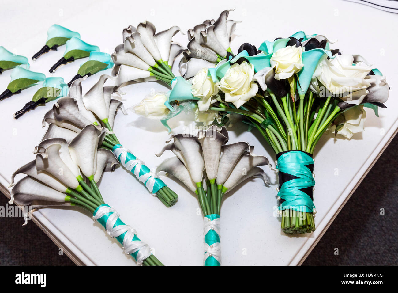 Bouquet & boutonnieres for church wedding; Congressional Church; Buena Vista; Colorado; USA Stock Photo