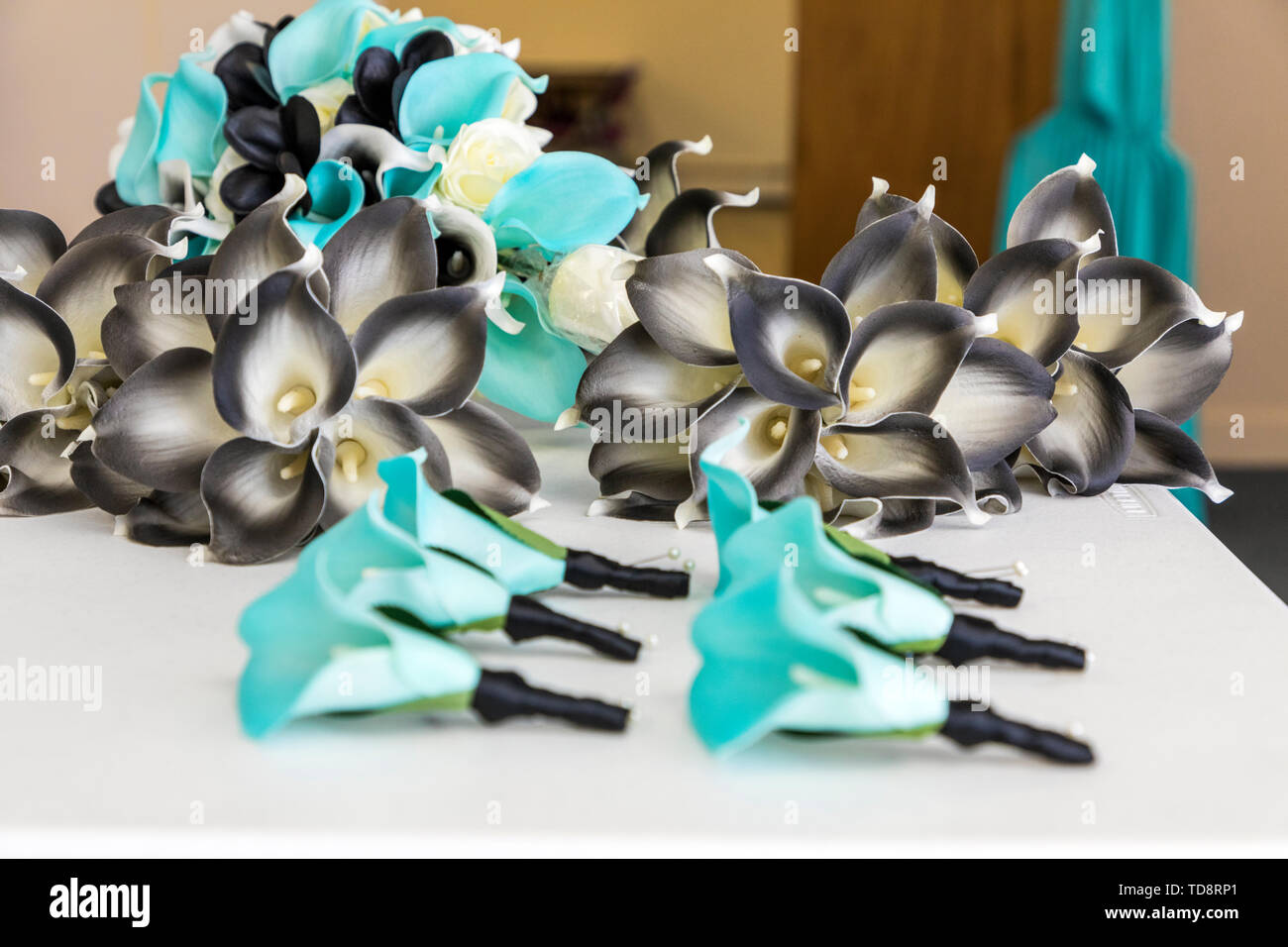 Bouquet & boutonnieres for church wedding; Congressional Church; Buena Vista; Colorado; USA Stock Photo