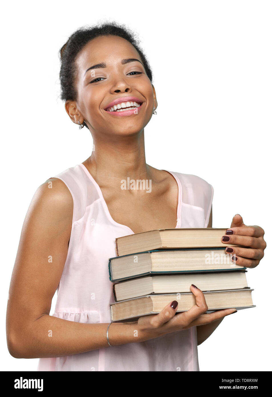 African american woman holding a pile of books Stock Photo - Alamy