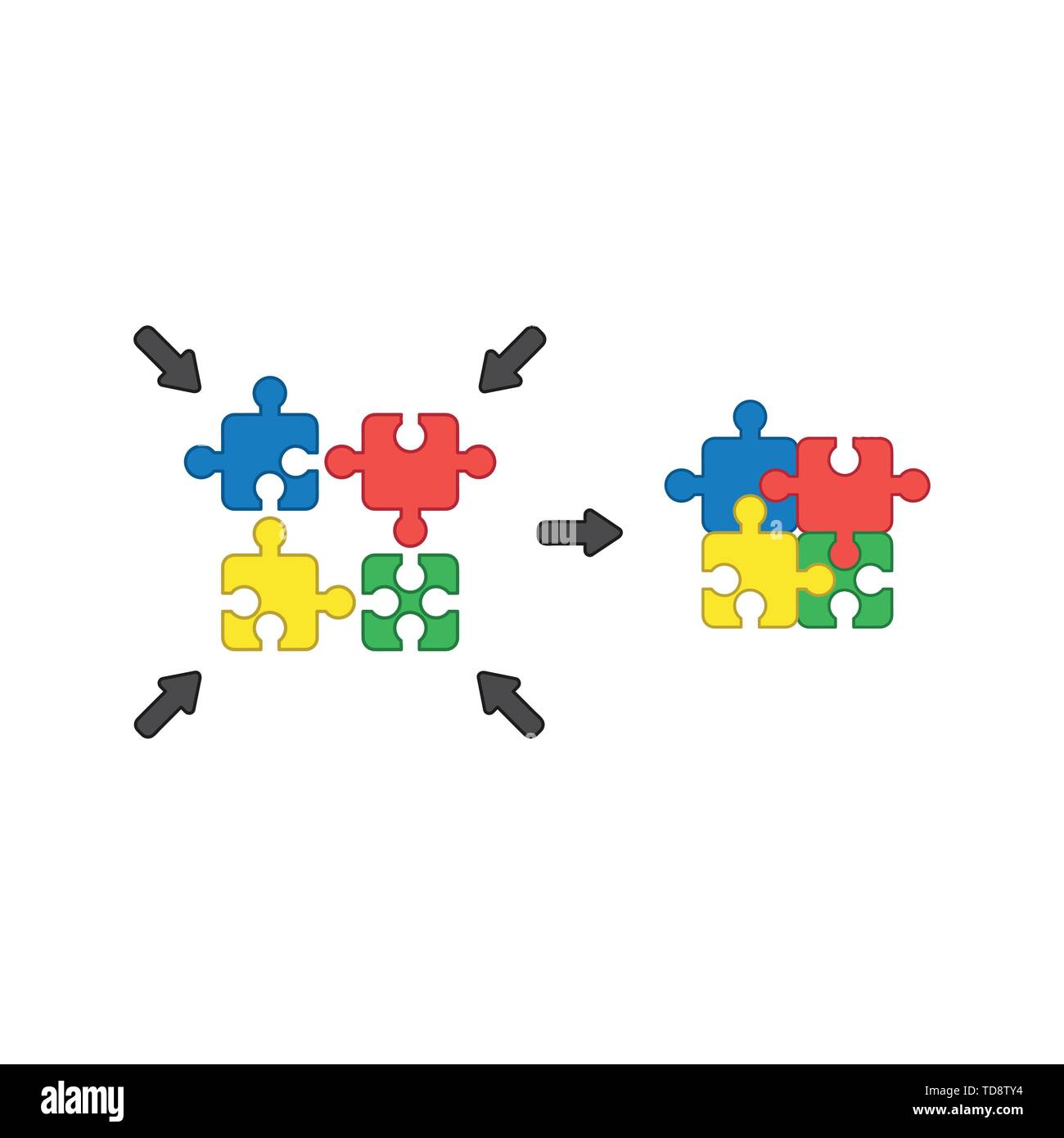 Vector icon concept of four part puzzle pieces connected. Colored ...