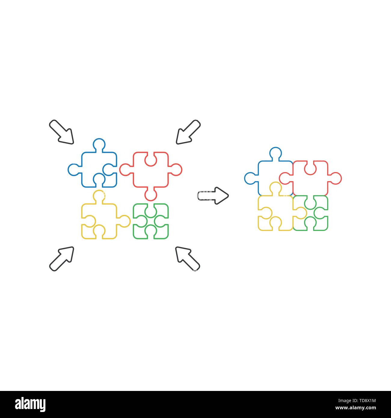 Vector icon concept of four part puzzle pieces connected. White ...