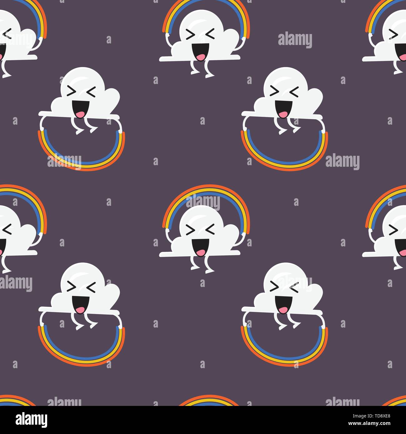 Seamless pattern of Cloud character jumping rainbow rope. Vector illustration Stock Vector