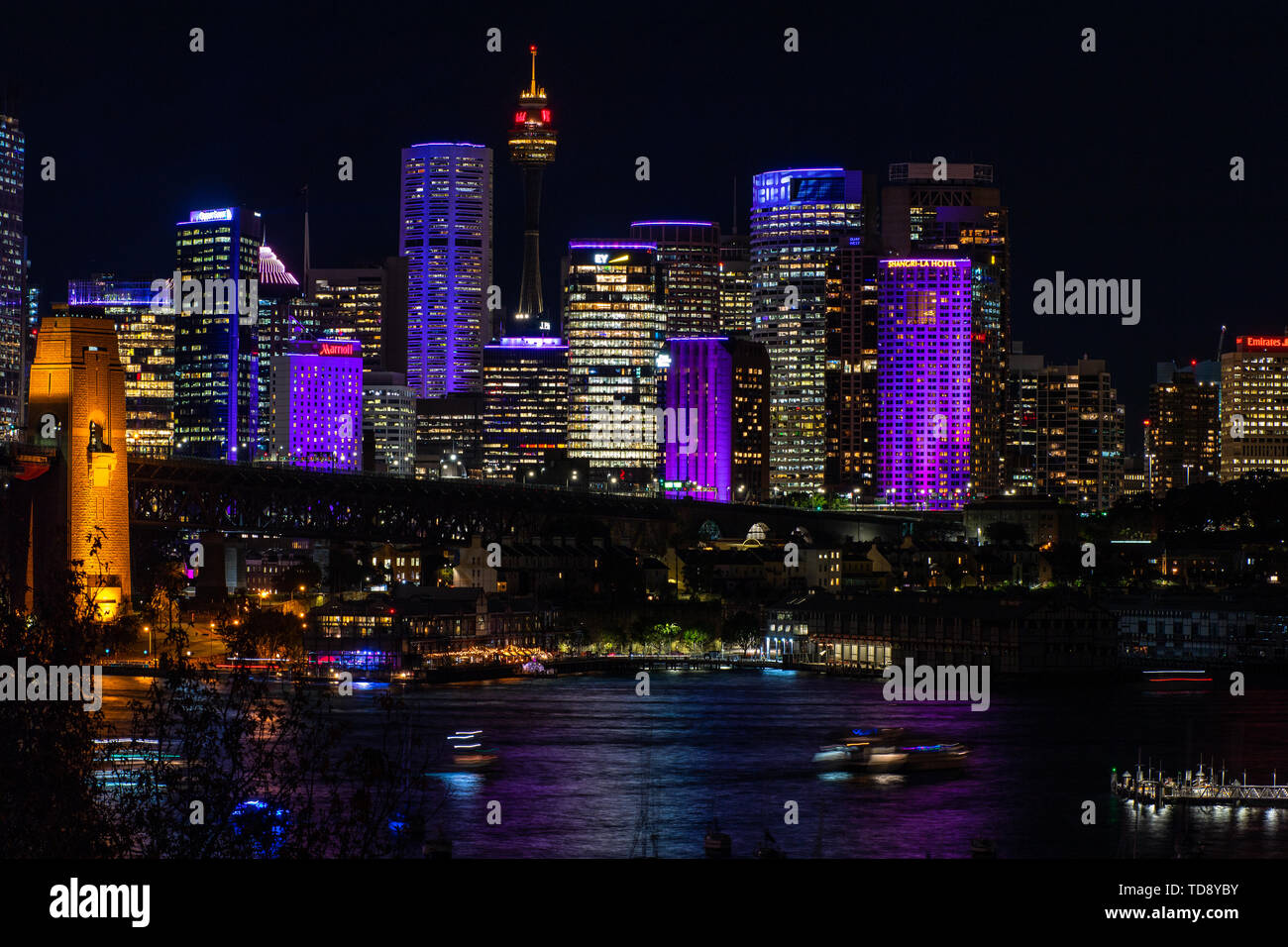 The Sydney Harbour at night during the popular light festival Vivid. Sydney, Australia. Stock Photo