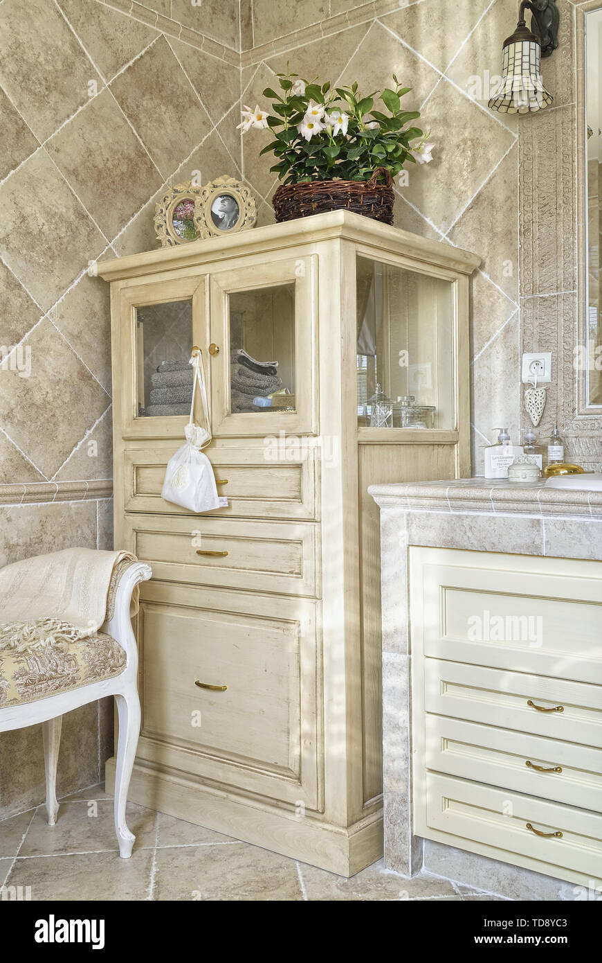 bench cabinet with drawers on Distressed Cabinet With Drawers And Sitting Bench In Cosy Bathroom Uk Irish Use Only Stock Photo Alamy