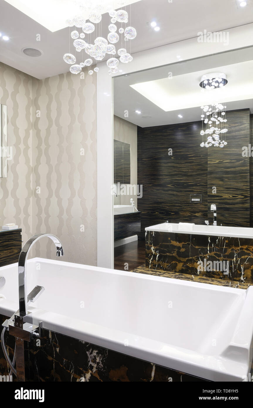 Reflection Of Portoro Marble Tiled Bathtub In Full Wall Mirror Uk