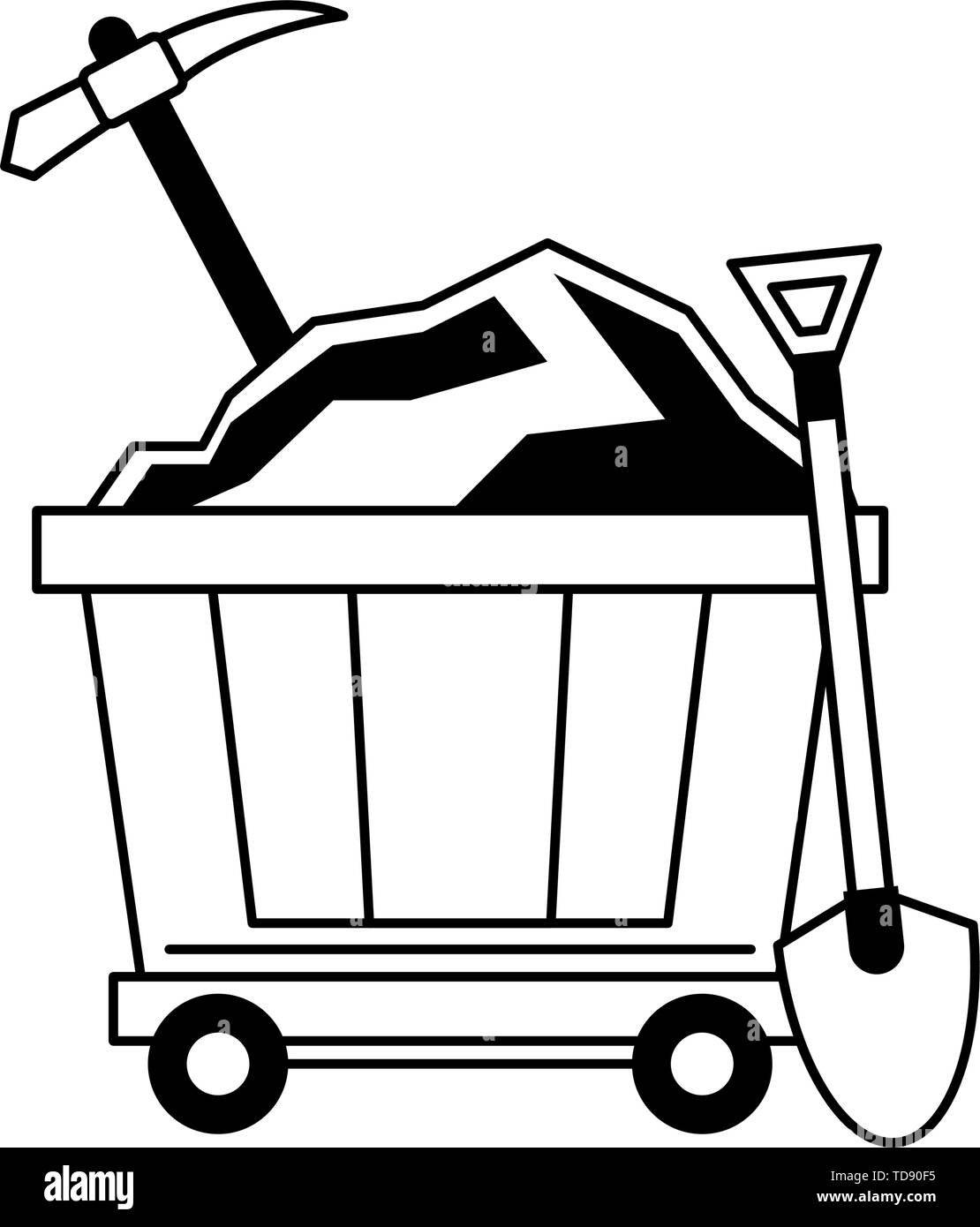 Mining carrier with pick and shovel equipment in black and white Stock