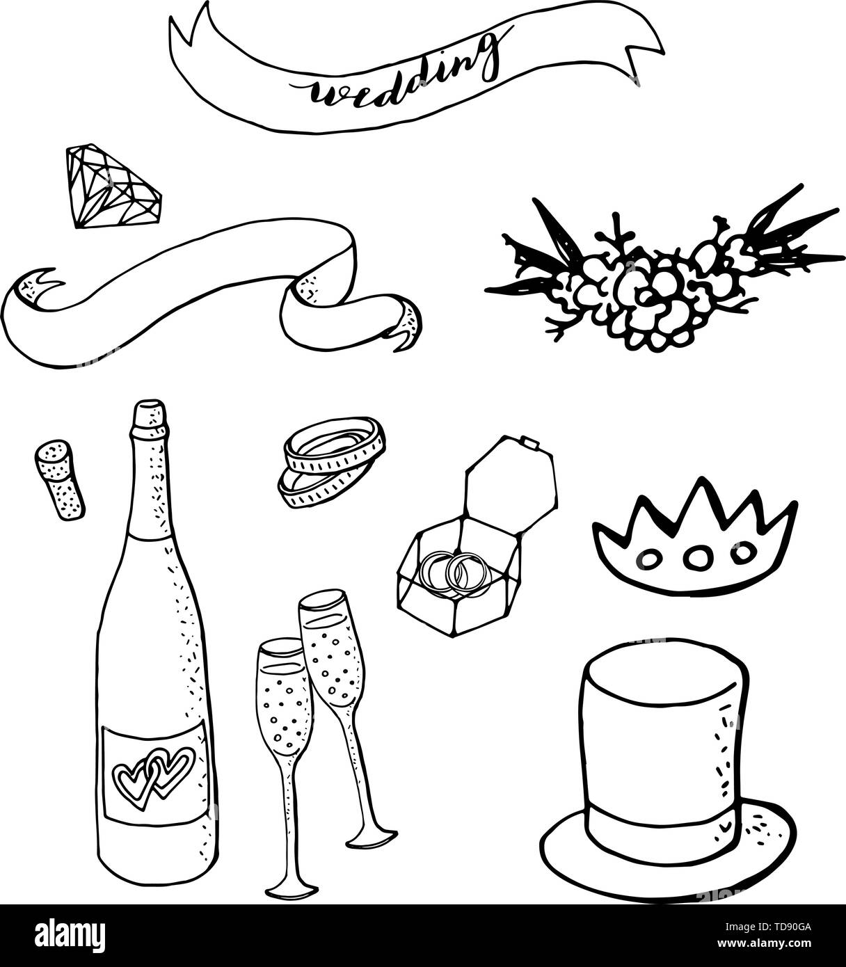 set of wedding clipart with blue cylinder hat, ribbons, rings, diadem, sparkling wine bottle, wedding ring box. design elements for wedding. isolated  Stock Vector