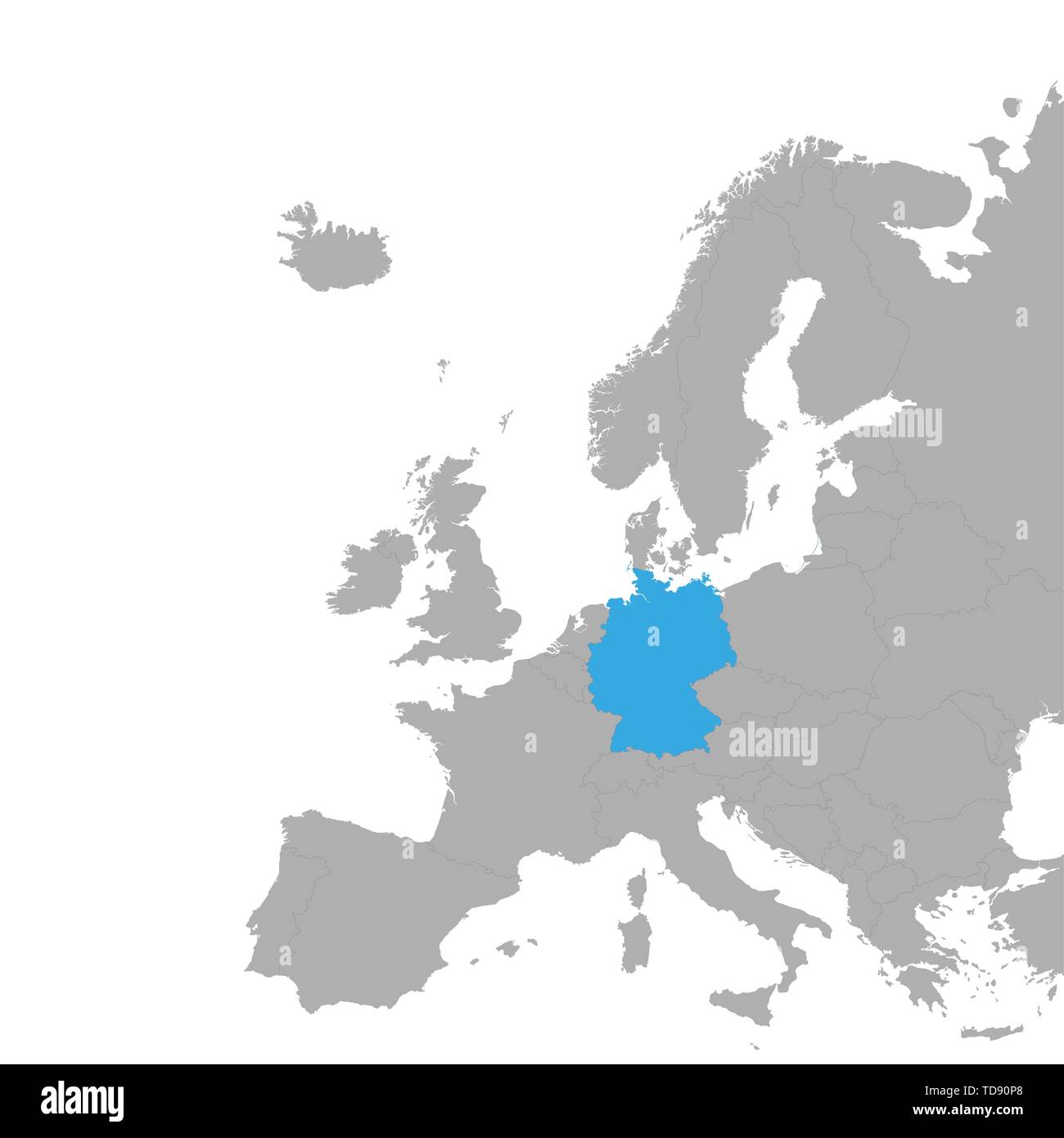 The map of Germany is highlighted in blue on the map of Europe. Vector Stock Vector