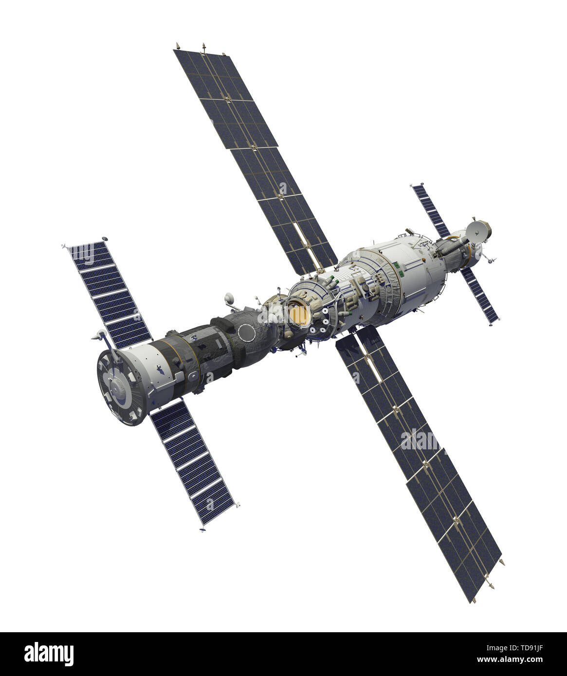 Spacecrafts And Space Station Isolated On White Background. 3D Illustration. Stock Photo