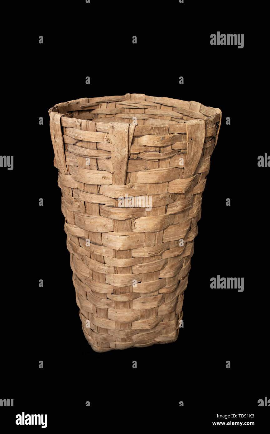 Old wooden wicker baskets for harvesting isolated on. Traditional