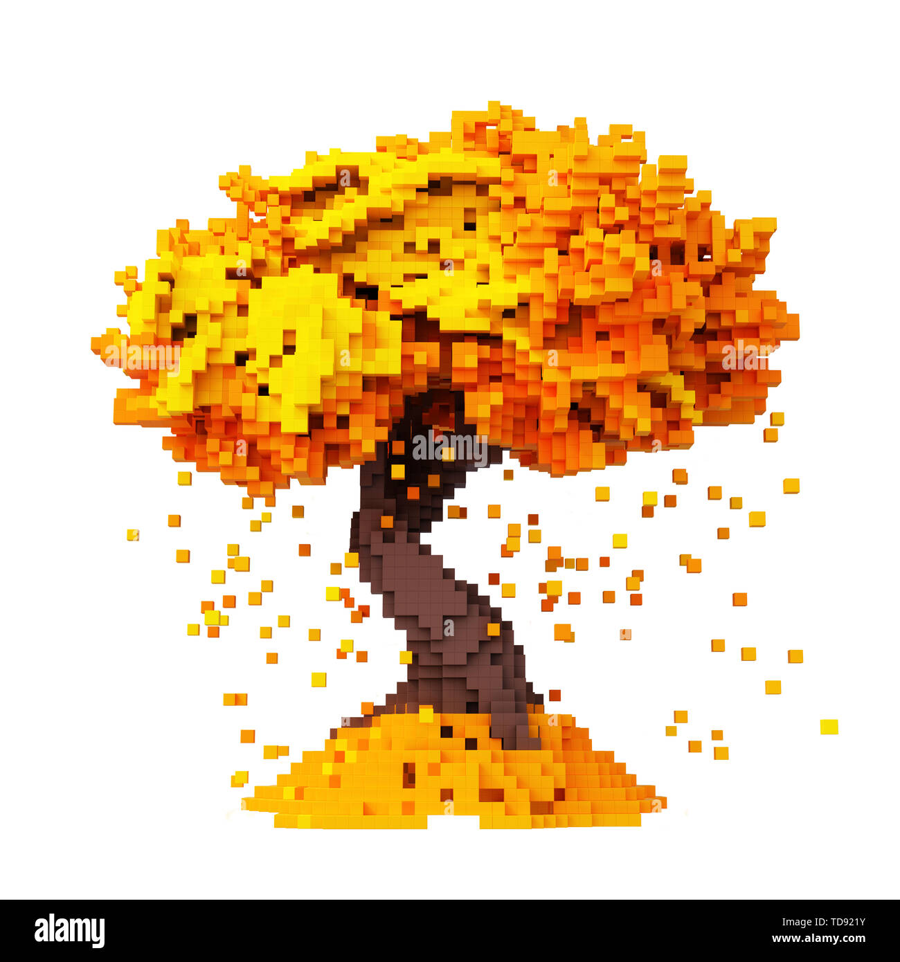Digital Pixelated Falling Leaves From An Autumn Tree Isolated On White Background. 3D Illustration. Stock Photo