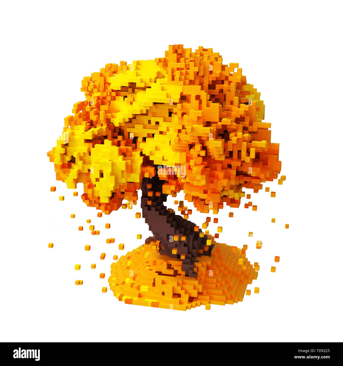 Digital Pixelated Falling Leaves From An Autumn Tree Isolated Over White Background. 3D Illustration. Stock Photo
