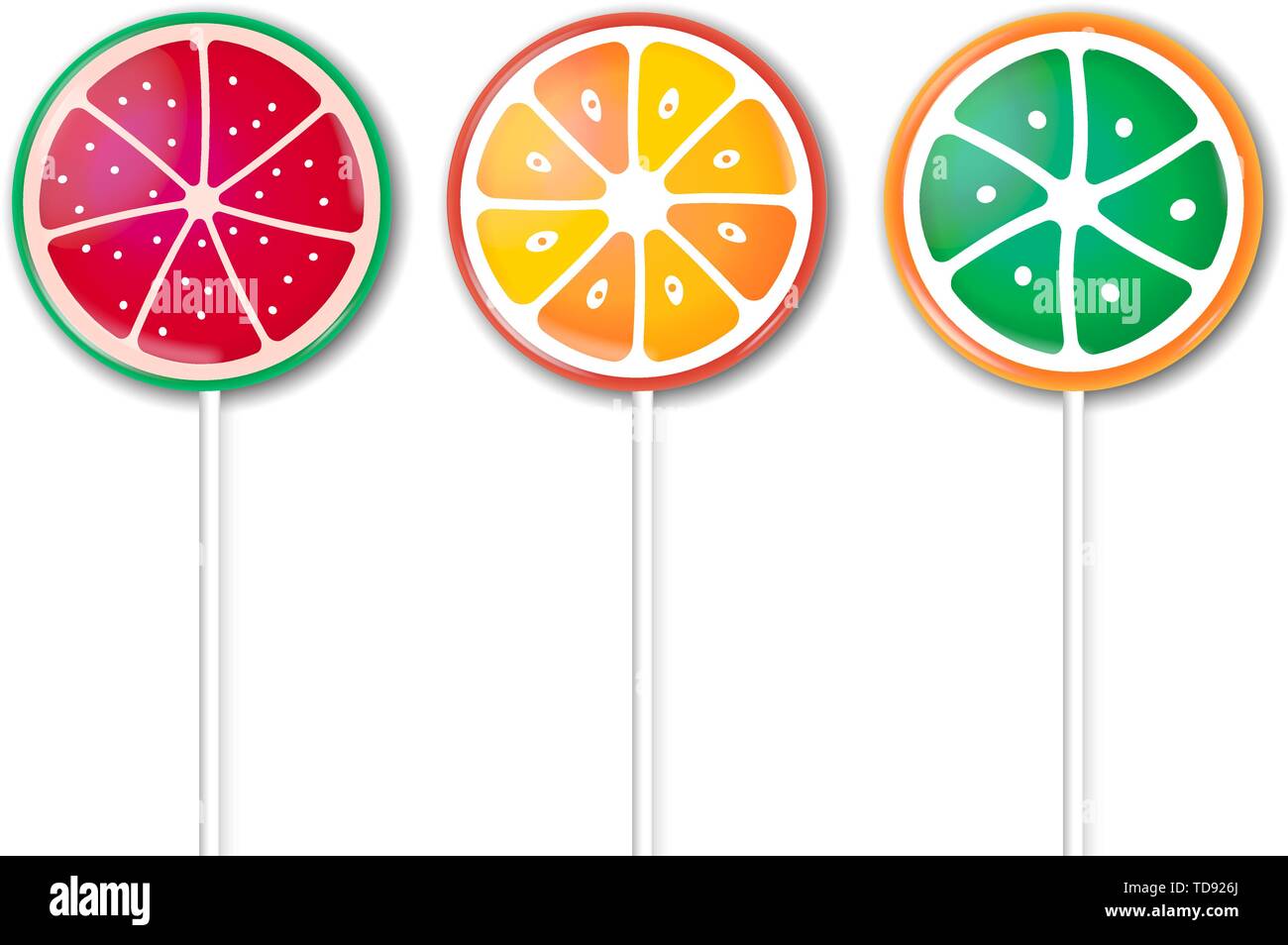 Vector illustration. Set of three shiny fruity lollipops with shadows. Stock Vector