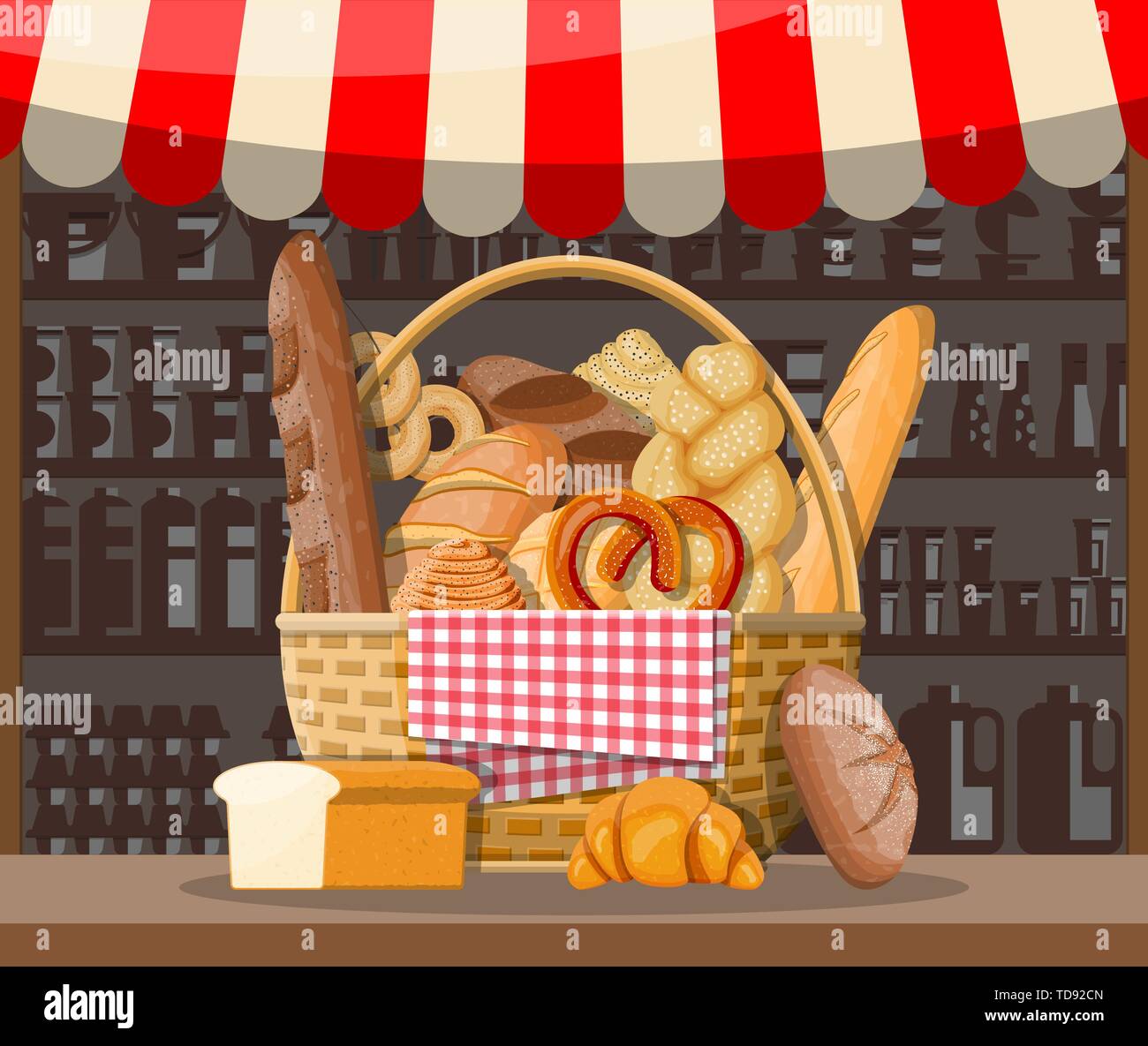 Bread products and market stall. Stock Vector