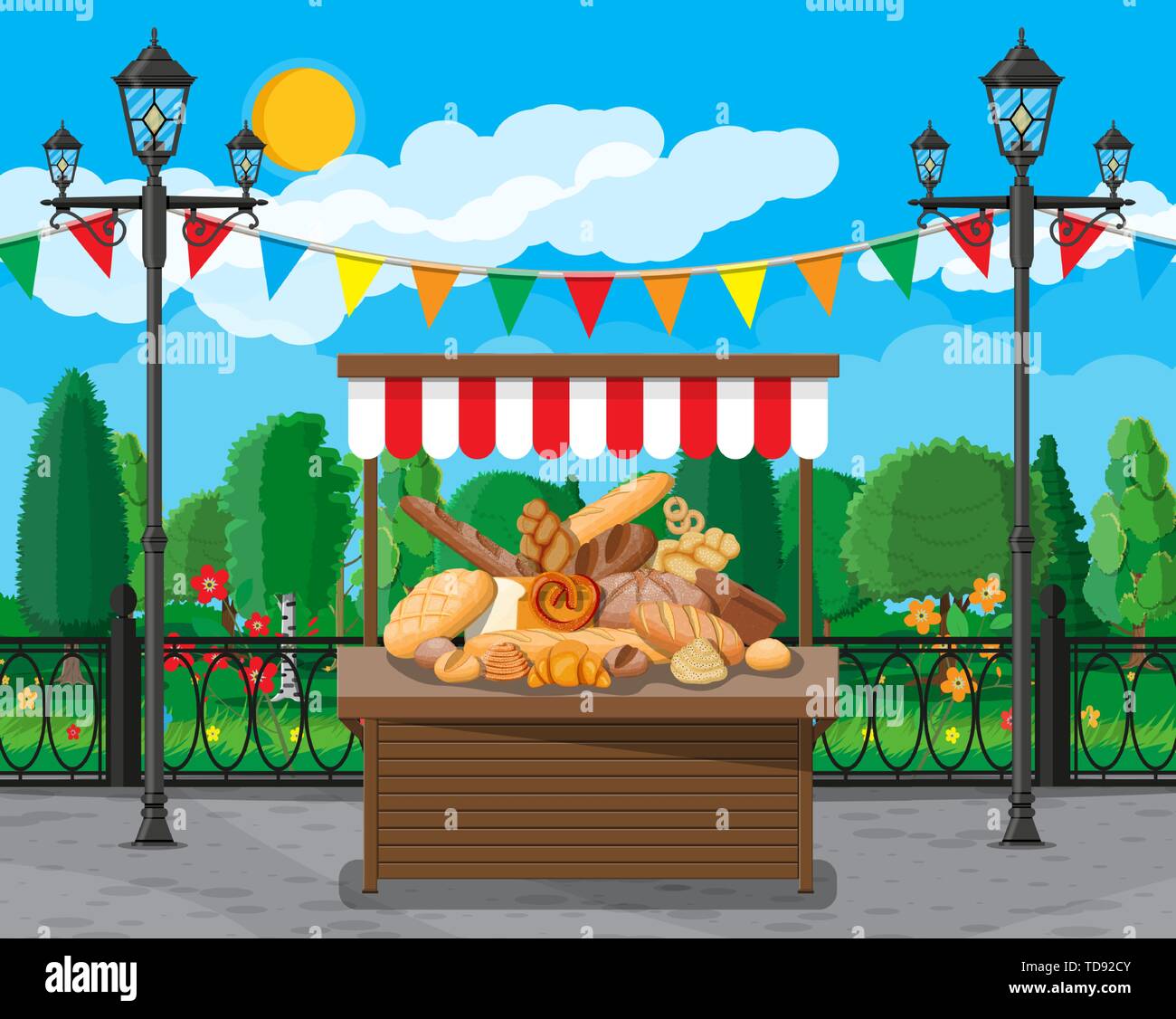 Bread products and market stall. Stock Vector