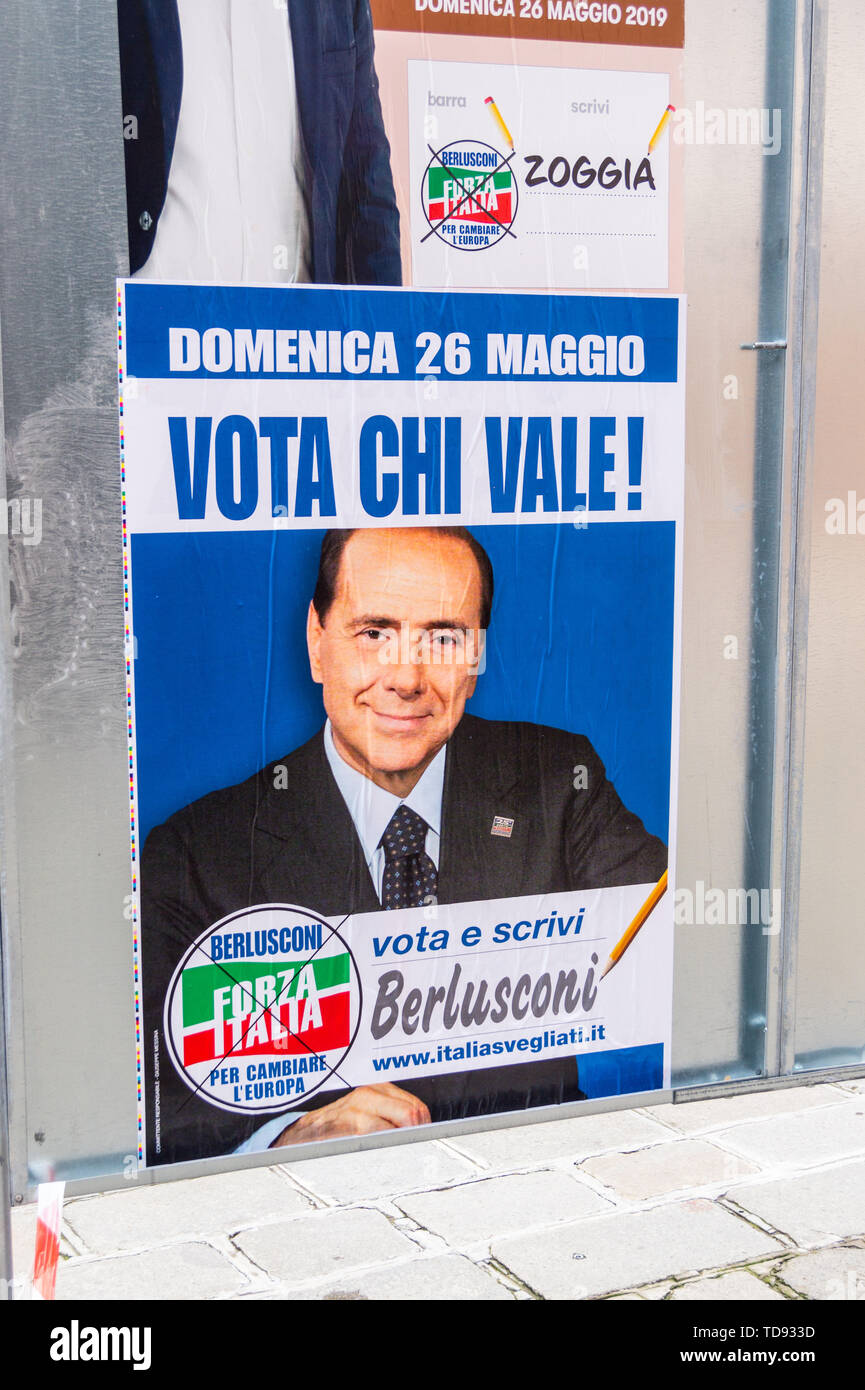 Candidate poster of Silvio Berlusconi's Forza Italia party for the European parliamentary elections, Venice, Veneto, Italy Stock Photo