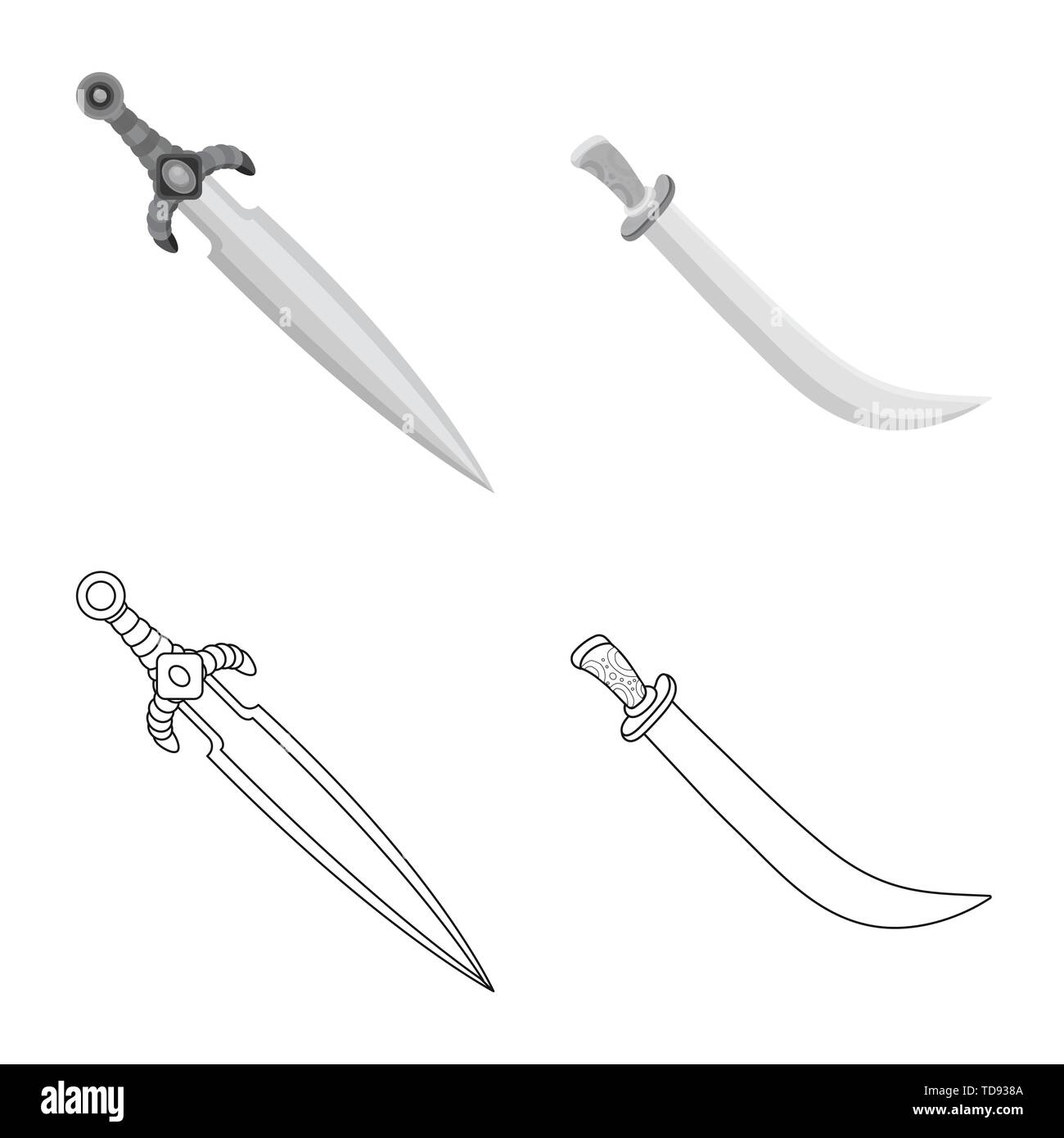 Spanish,scimitar,handle,conqueror,battle,steel,old,silver,ornament,soldier,decoration,warrior,stone,power,ruby,murder,game,armor,sharp,blade,sword,dagger,knife,weapon,saber,medieval,set,vector,icon,illustration,isolated,collection,design,element,graphic,sign, Vector Vectors , Stock Vector