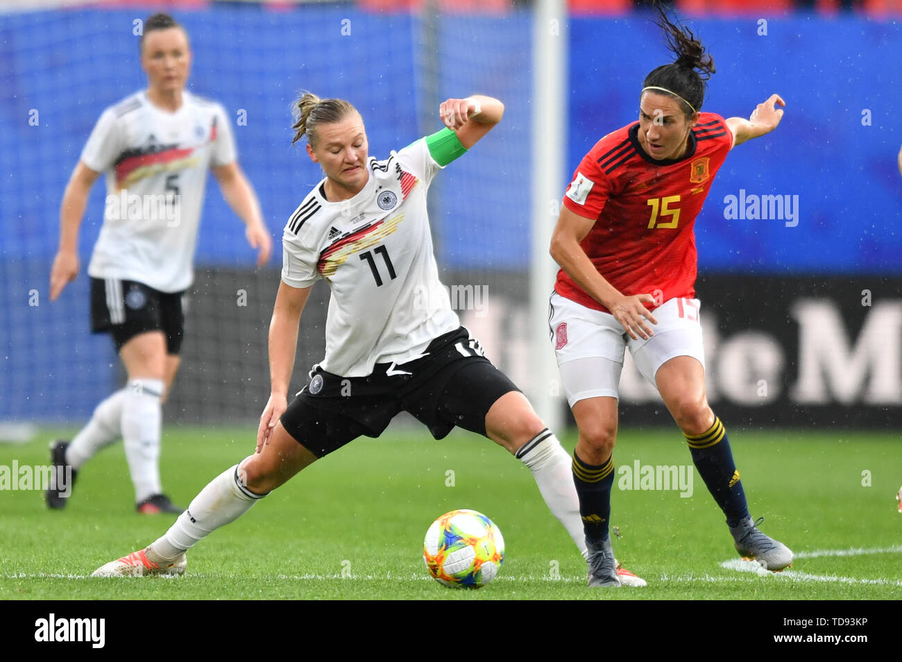 12 june 2019 Valenciennes, France Soccer FIFA Womens World Cup 2019 France: Germany v Spain   Duel Alexandra Popp (DFB-Frauen) (11) with Silvia Meseguer (Spanien) (15) Stock Photo