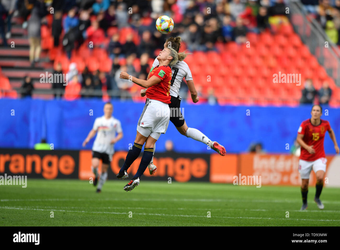 12 june 2019 Valenciennes, France Soccer FIFA Womens World Cup 2019 France: Germany v Spain   Alexandra Popp (DFB-Frauen) (11) wins a header against Virginia Torrecilla (Spanien) (14) Stock Photo