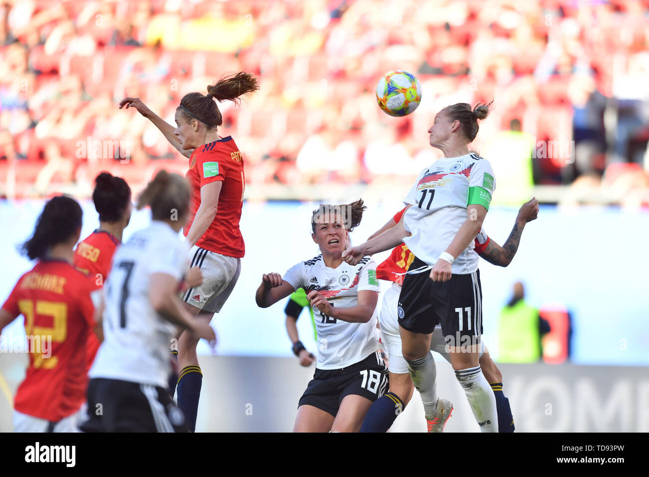 12 june 2019 Valenciennes, France Soccer FIFA Womens World Cup 2019 France: Germany v Spain   Alexandra Popp (DFB-Frauen) (11) can clear the Ball with the head Stock Photo