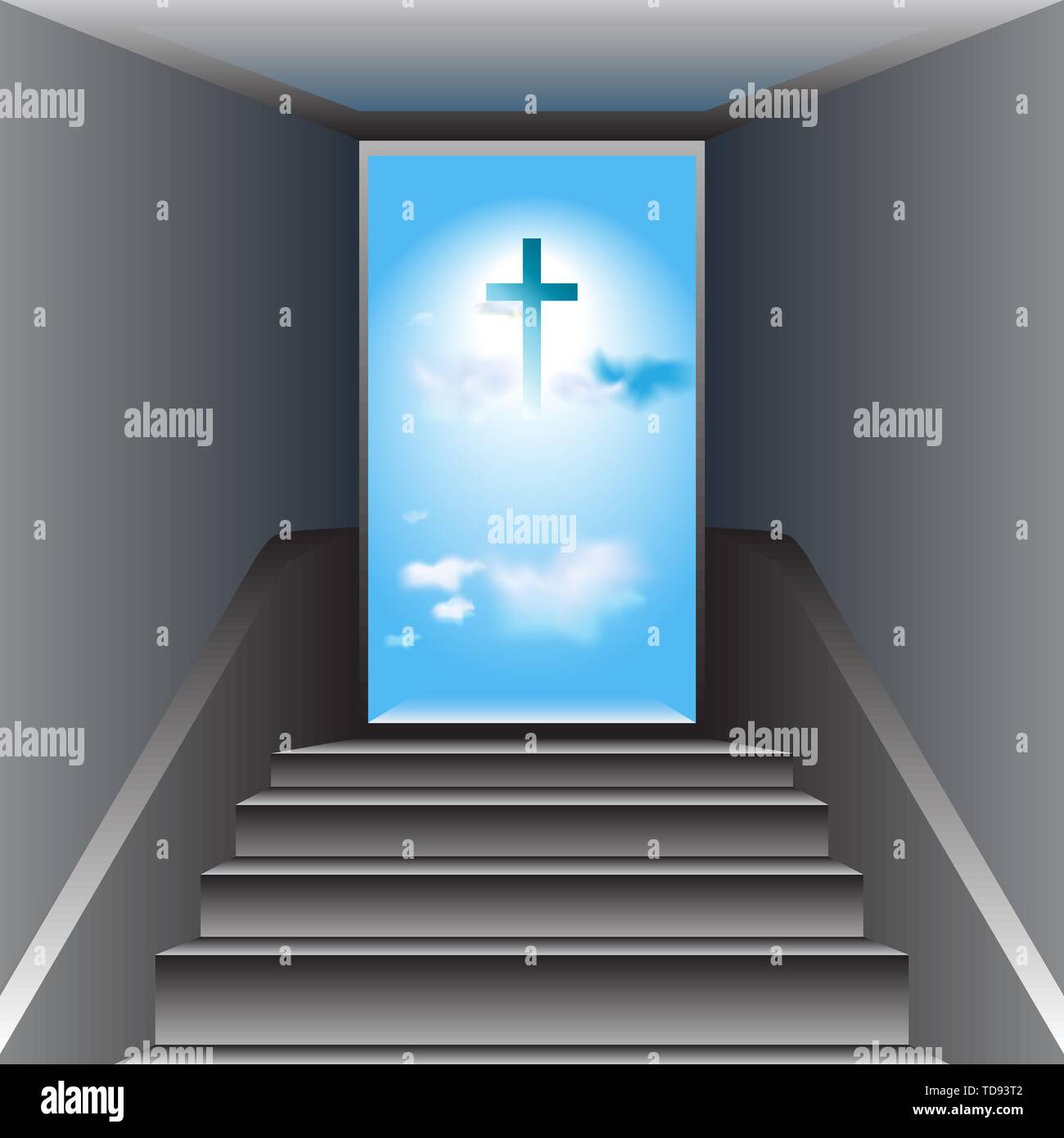 Gray stairway. Open door. Heaven. Blue sky with white clouds. The Cross of Jesus Christ in center. Stock Vector