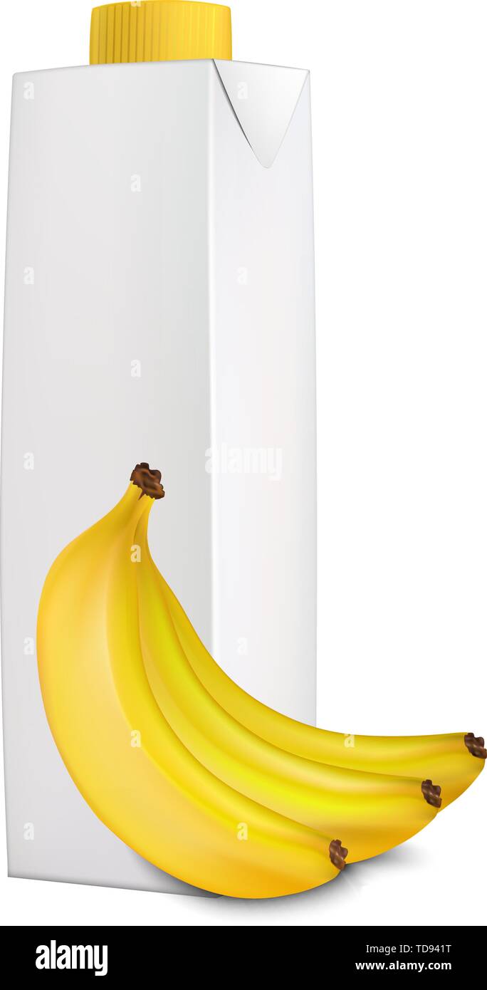 Banana juice in carton tetra pack and bananas near it isolated on white