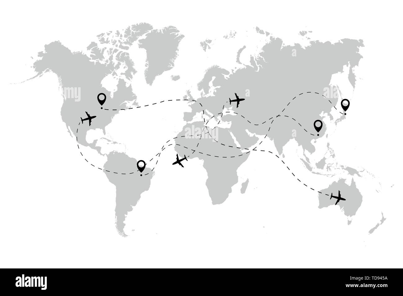 Airplane ways with pointers map world. Vector eps10 Stock Vector
