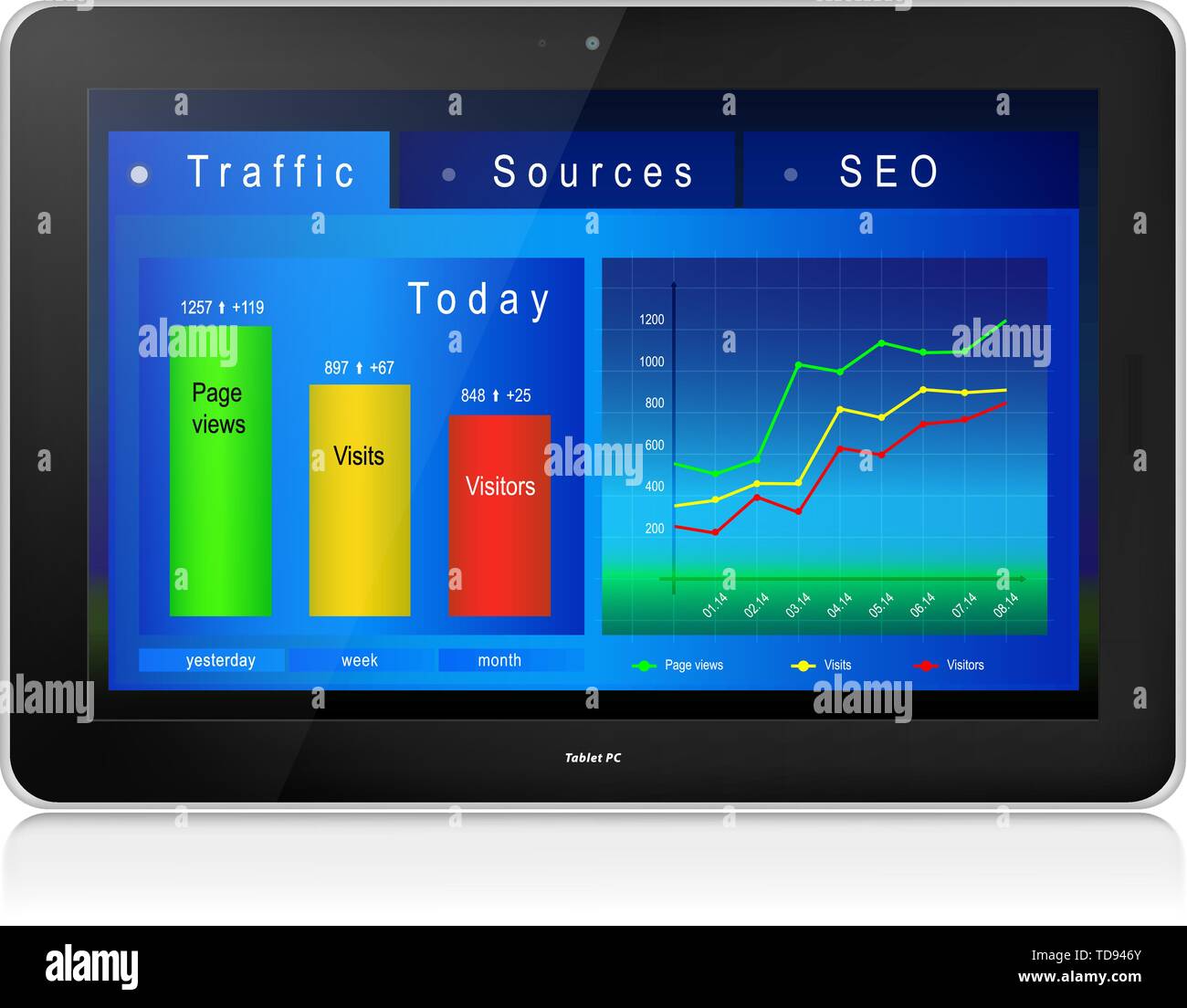 Web analytics charts on screen of black laptop PC. Reflection. Vector ...