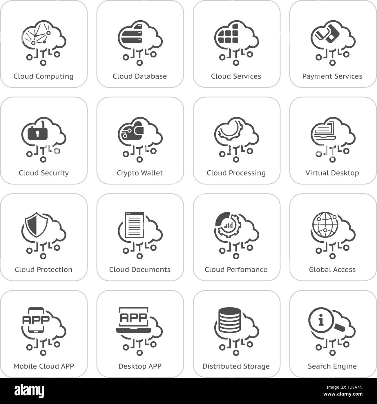 Simple Set of Computer Cloud Computing Related Vector Line Icons. Contains such Icons as Crypto wallet, distributed storage, Cloud APP and more. Stock Vector