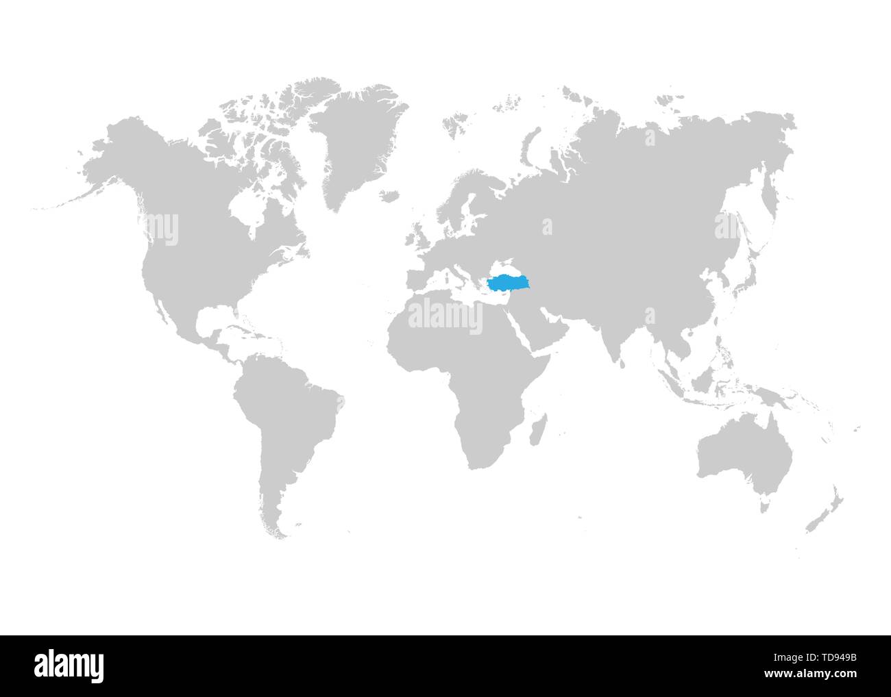 The map of Turkey is highlighted in blue on the world map Stock Vector