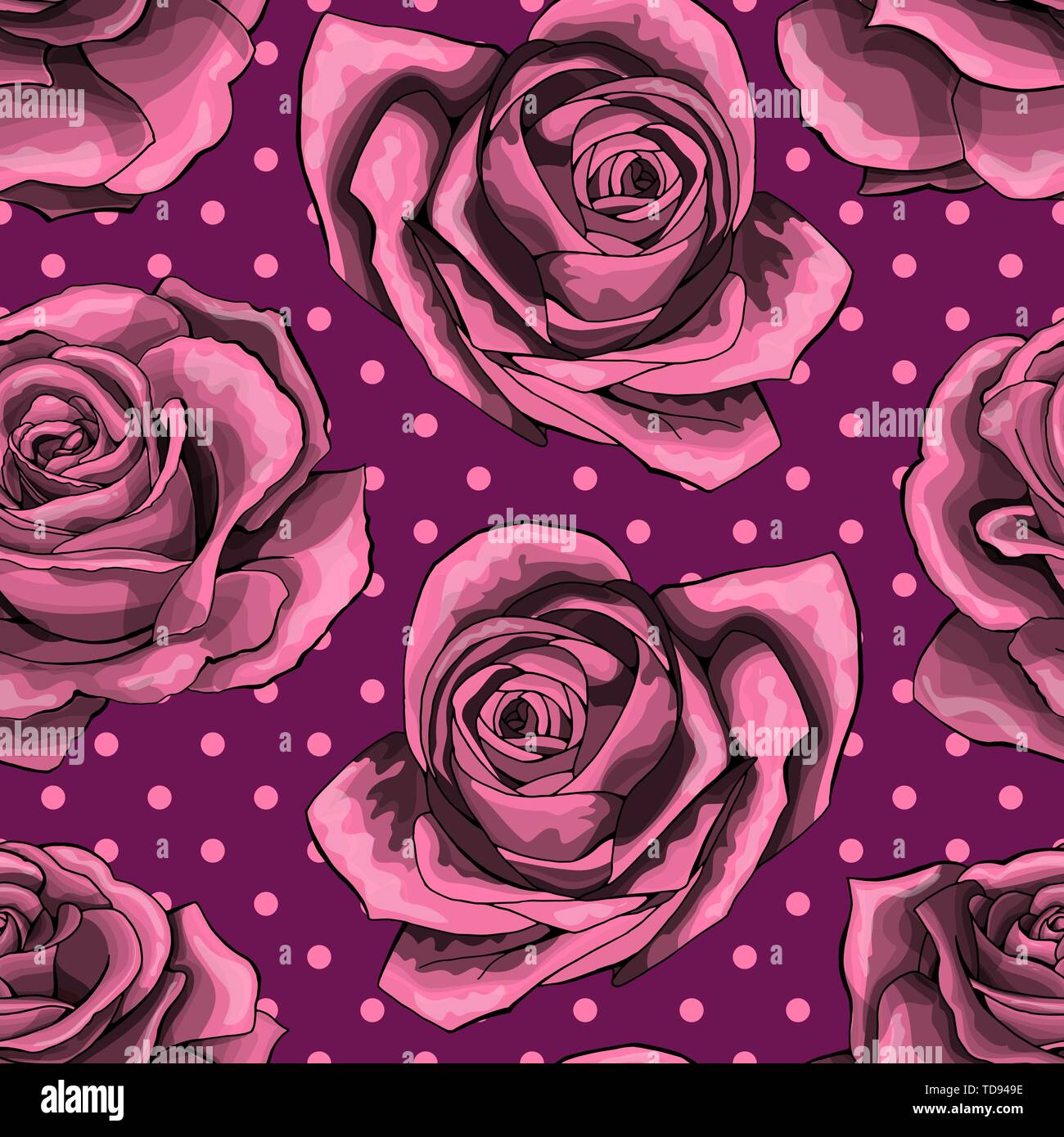 Seamless pattern, background with pink roses, isolated on polka dots background Stock Vector