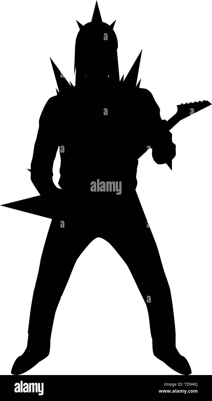 Silhouette of Brutal Hard Rock Guitarist in viking helmet isolated on white background Stock Vector