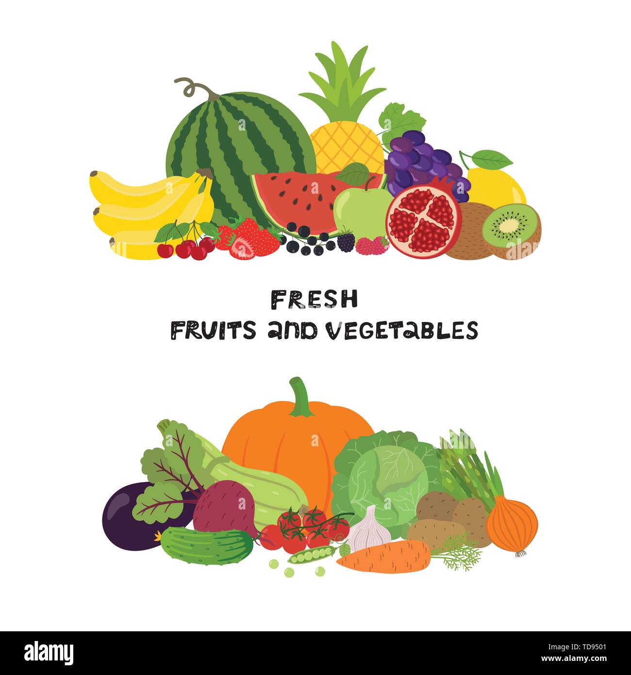 Vector illustration with fresh organic vegetables and fruits isolated on white background. Healthy Food. Set of vegetarian sliced, full, half Stock Vector