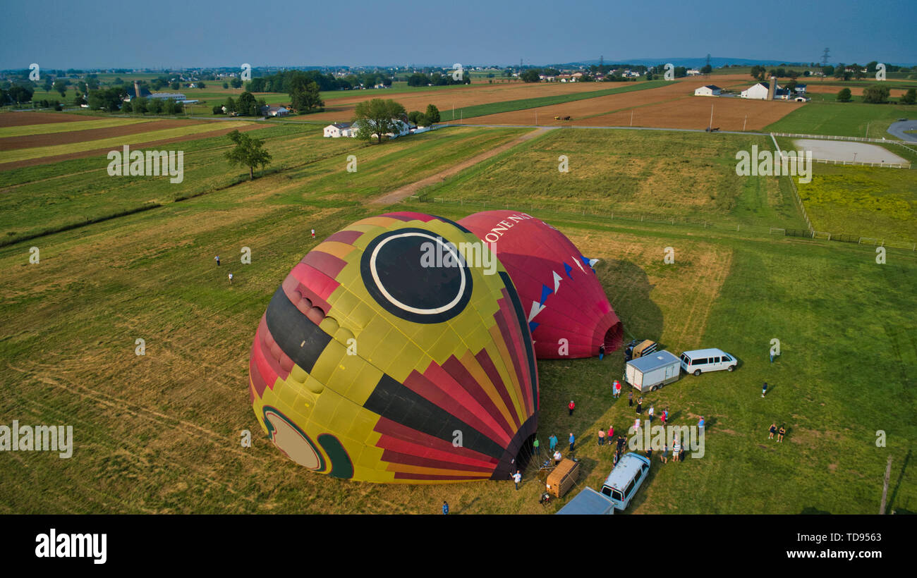 Aerial View of Hot Air Balloons Trying to Launch in a Wind as Seen by a Drone Stock Photo