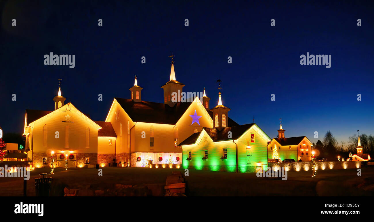 Old Barns with Cupola at Christmas Lite up Stock Photo