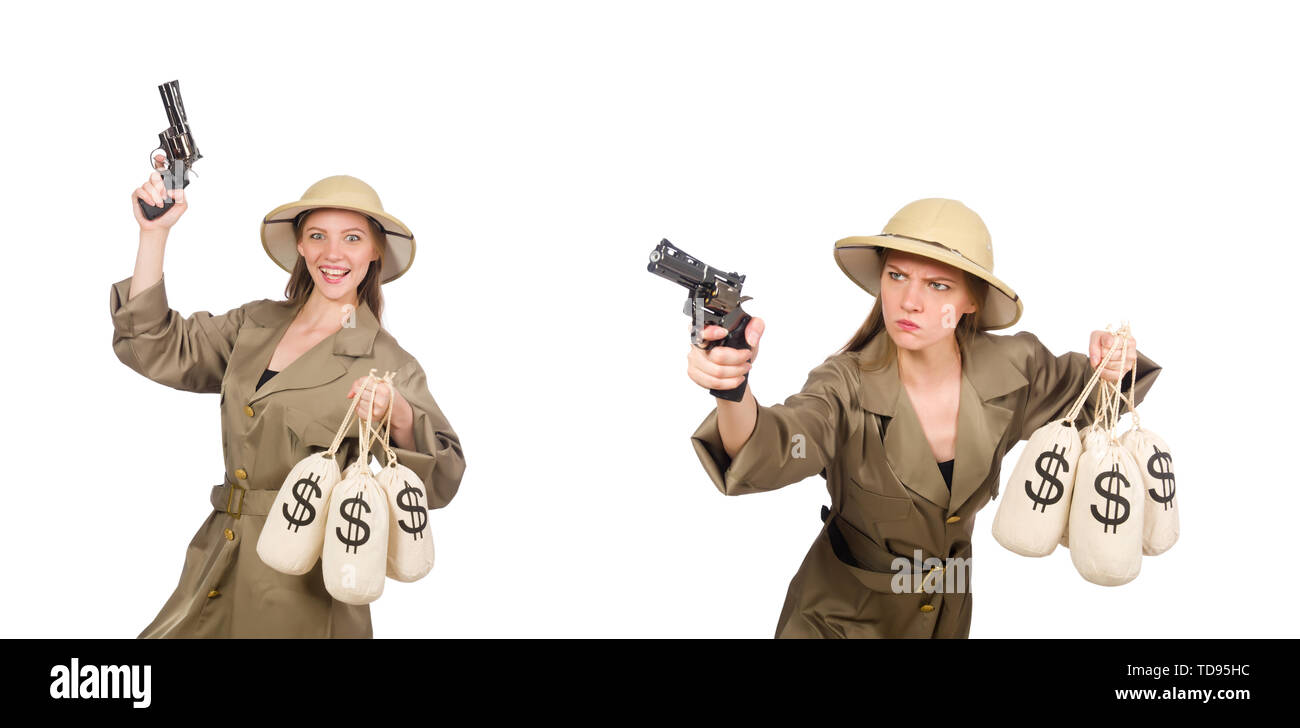 Woman wearing safari hat on white Stock Photo Alamy